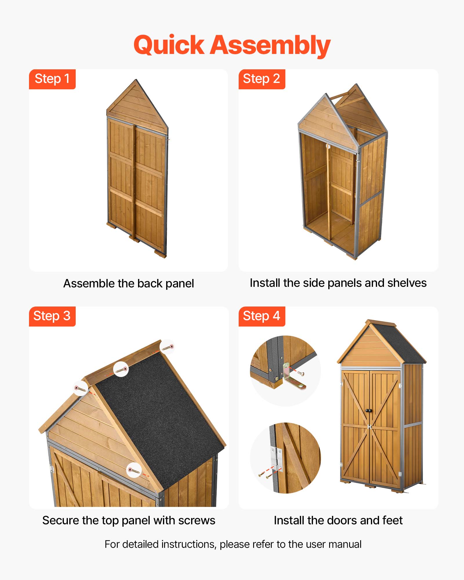 Step 1: Quick Assembly
Step 2: Assemble the back panel
Step 3: Install the side panels and shelves
Step 4: Secure the top panel with screws
Step 5: Install the doors and feet

For detailed instructions, please refer to the user manual