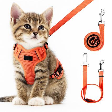 Front. Paradigms Interiors - Cat Harness And Leash For Walking Car Escape Proof Soft Vest Harnesses Cats Easy Control Breathable - Orange-XS (4-6lb).