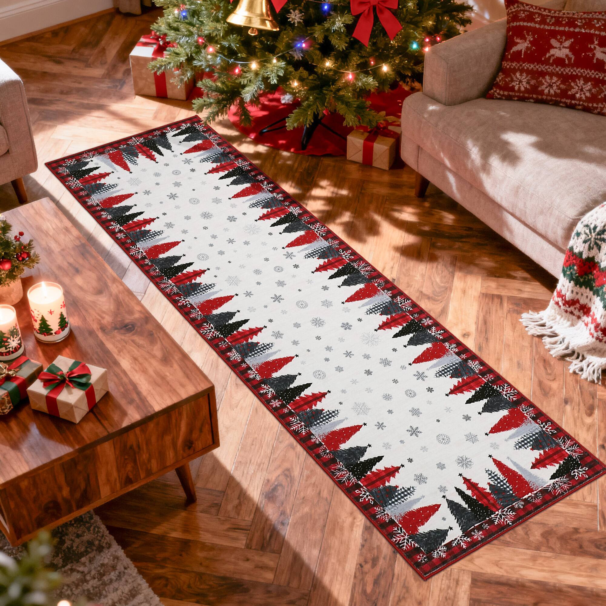 Angle. Jojoka - 2x10 ft Red Christmas Area Rug, Tree Snowflake Checkered Print, Washable, Non-Slip, Holiday Living Room - Red.