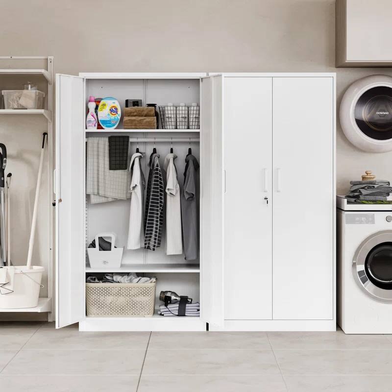 Angle. Hivvago - White Metal Locking Wardrobe Armoire Cabinet with Clothing Hanging Rod - White.