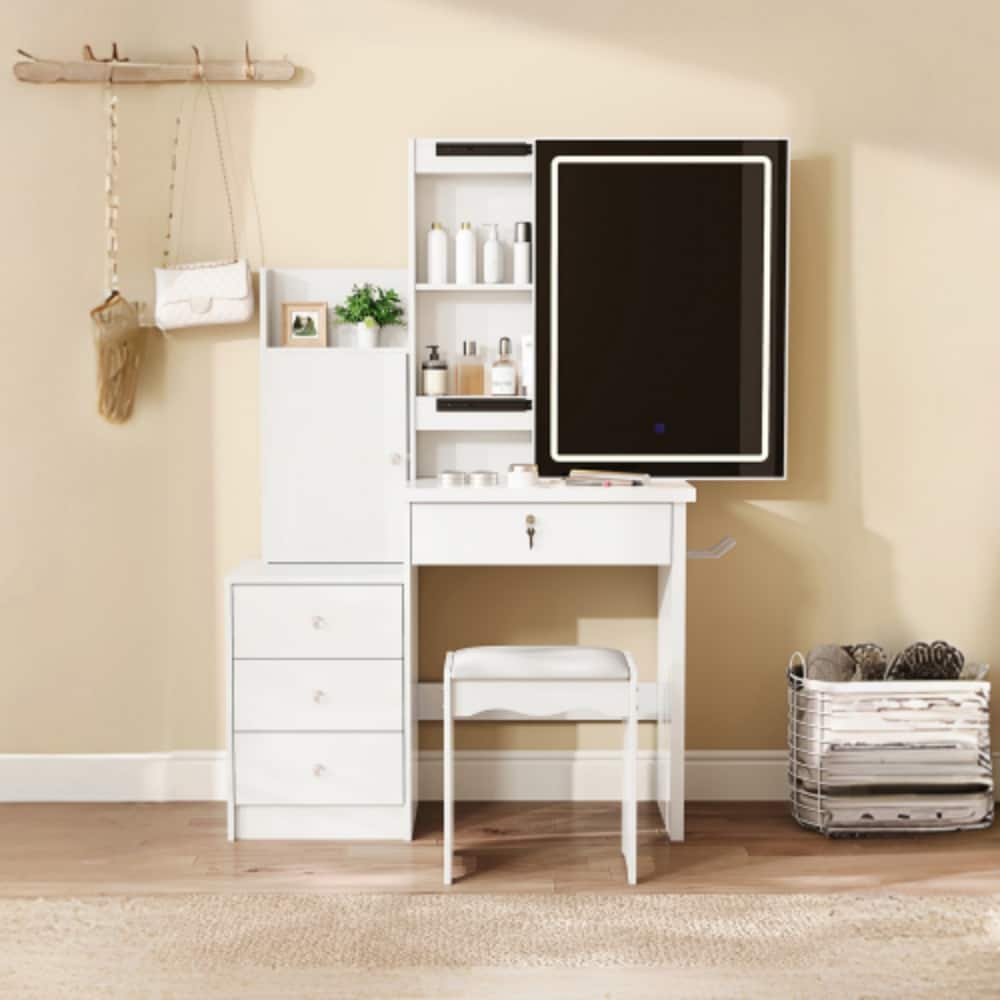 LUCKY ONE - Vanity Set with Sliding Lighted Mirror, 4 Drawers, 9 Storage Spaces and Cushioned Stool for Bedroom - White