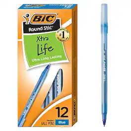 BIC - Round Stic Xtra-Life Ballpoint Pen, Medium Point, 1.0mm, Dozen - Blue Ink