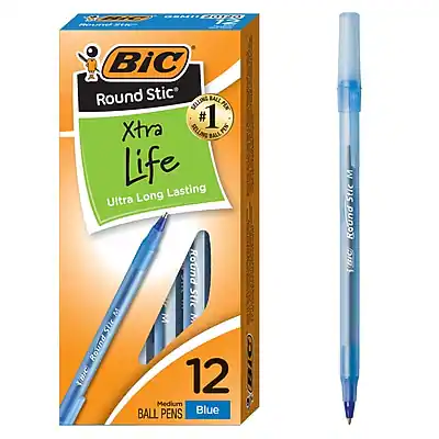 BIC Round Stic
Xtra Life
Ultra Long Lasting
#1
12 Medium Ball Pens
Blue