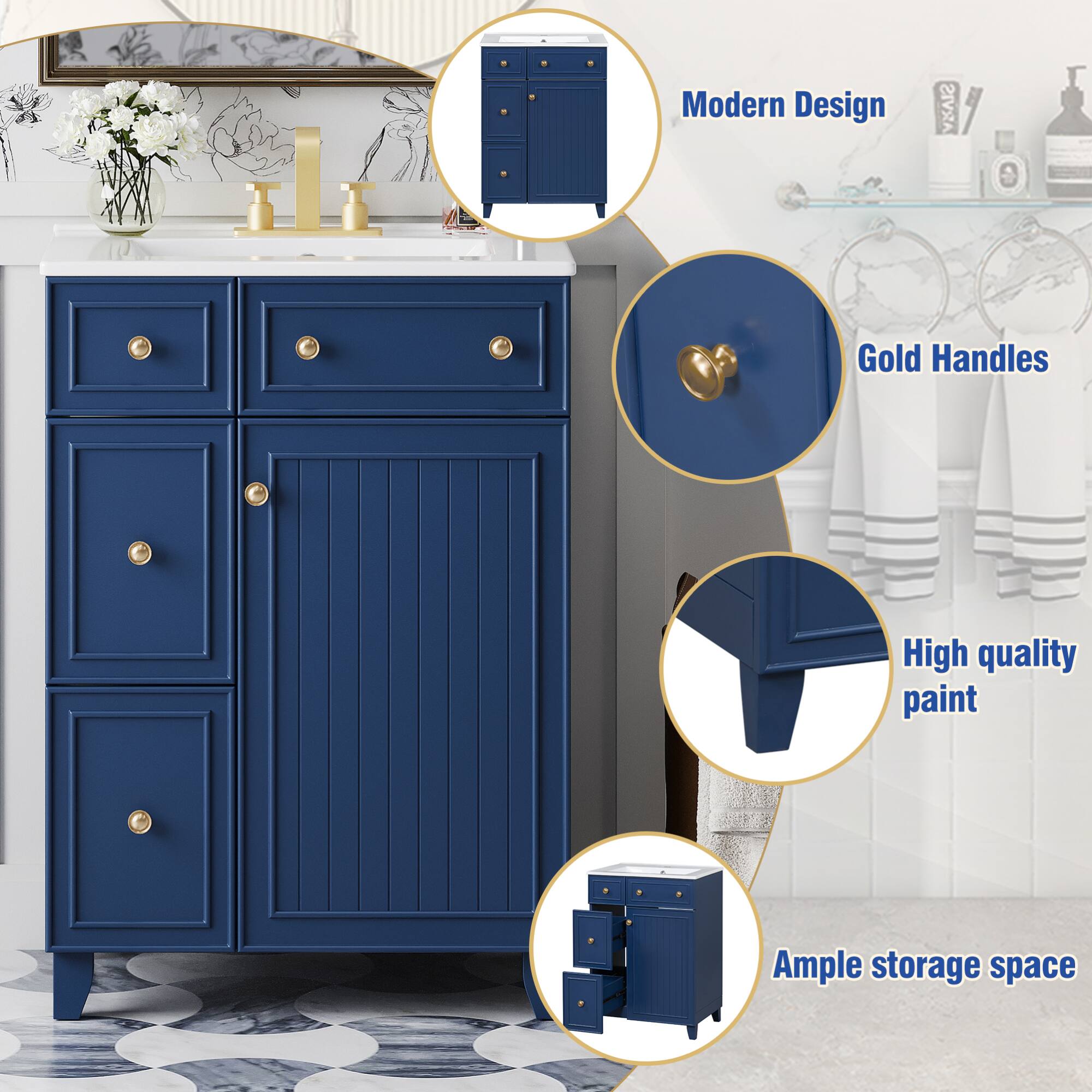 - Modern Design
- Gold Handles
- High quality paint
- Ample storage space