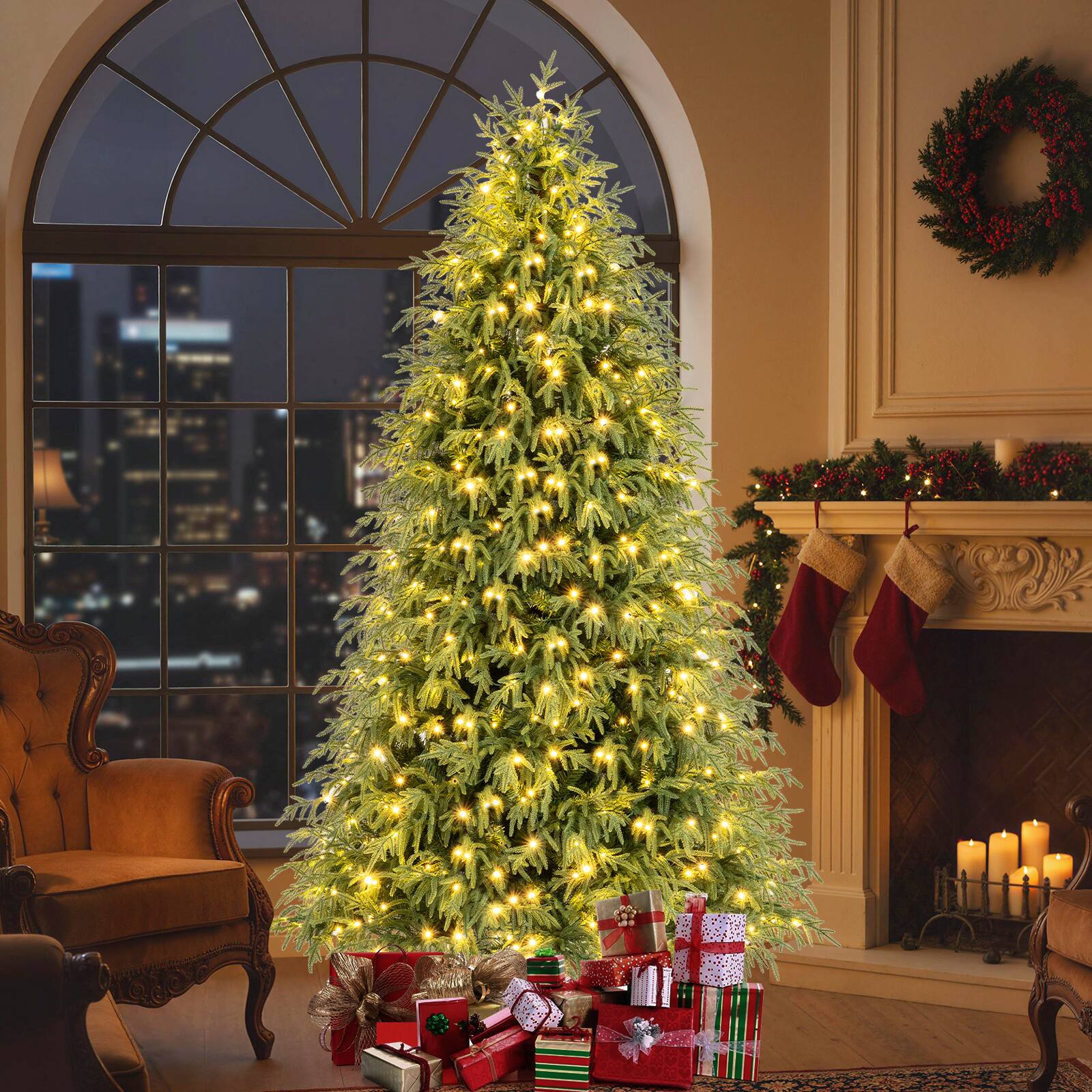 Alt View 1. Costway - Costway 7.5 FT Artificial Christmas Tree with 1449 Branch Tips, 500 Warm White LED Lights - Green.