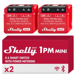 Shelly - 1PM Mini Gen3 8A Smart Relay with Power Measurement, Wi-Fi & Matter- 2-Pack - Red
