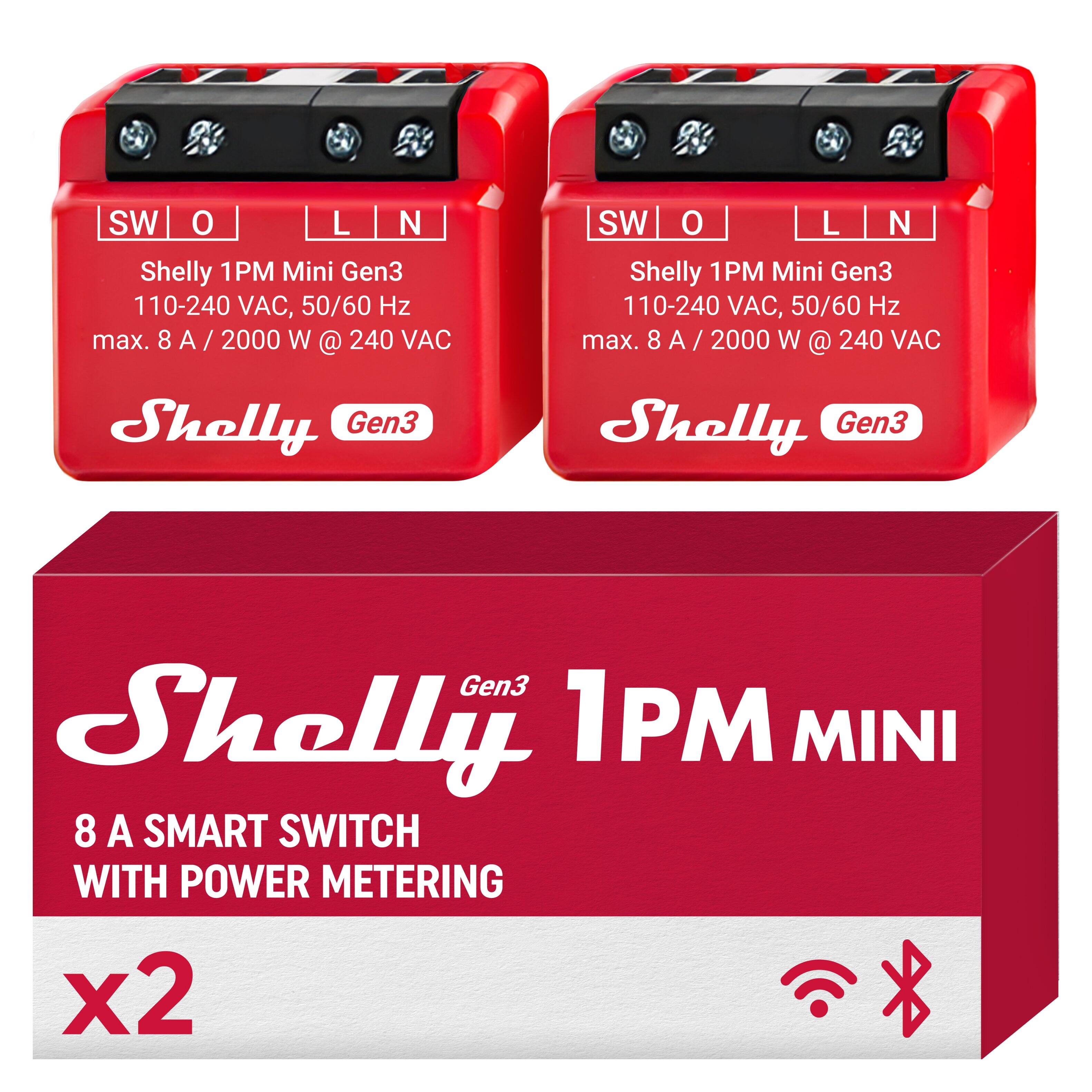 Shelly 1PM Mini Gen3  
110-240 VAC, 50/60 Hz  
max. 8 A / 2000 W @ 240 VAC  

Shelly Gen3  

8 A SMART SWITCH WITH POWER METERING  

x2