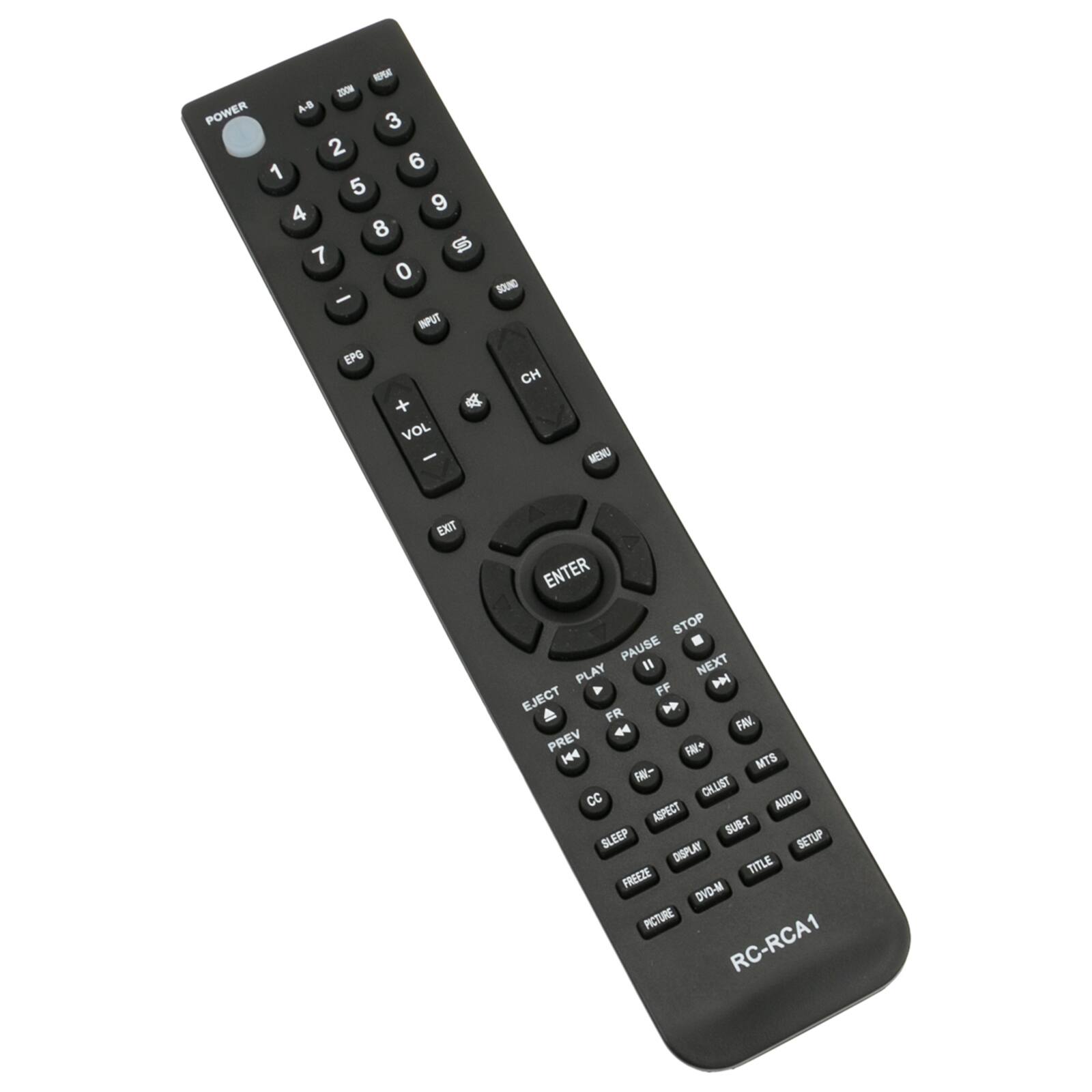- 20N POWER A-B 3 2 1 6 5 4 9 8 7 S 0 SOUNG - IPUT EPG CH + a VOL - MENU EXIT ENTER STOP PAUSE PLAY " NEXT FF  EJECT  FR FAW. 44 PREV F 144 MTS F- CHLIST CC AUDIO ECT SUB-T SLEEP SETUP DISPLAY TITLE FREEZE DVD-M PICTURE RC-RCA1