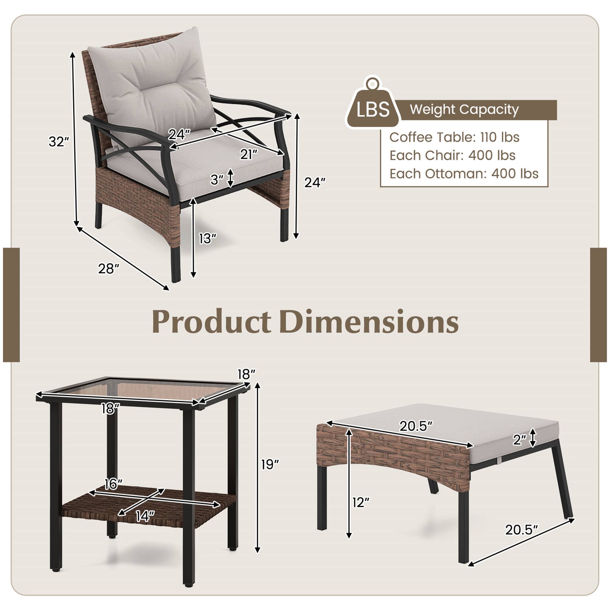 Product Dimensions: 32" 24" 3" 21" 24" LBS Weight Capacity: Coffee Table: 110 lbs Each Chair: 400 lbs Each Ottoman: 400 lbs 13" 28" 18" 18" 20.5" 2" 16" 14" 19" 12" 20.5"