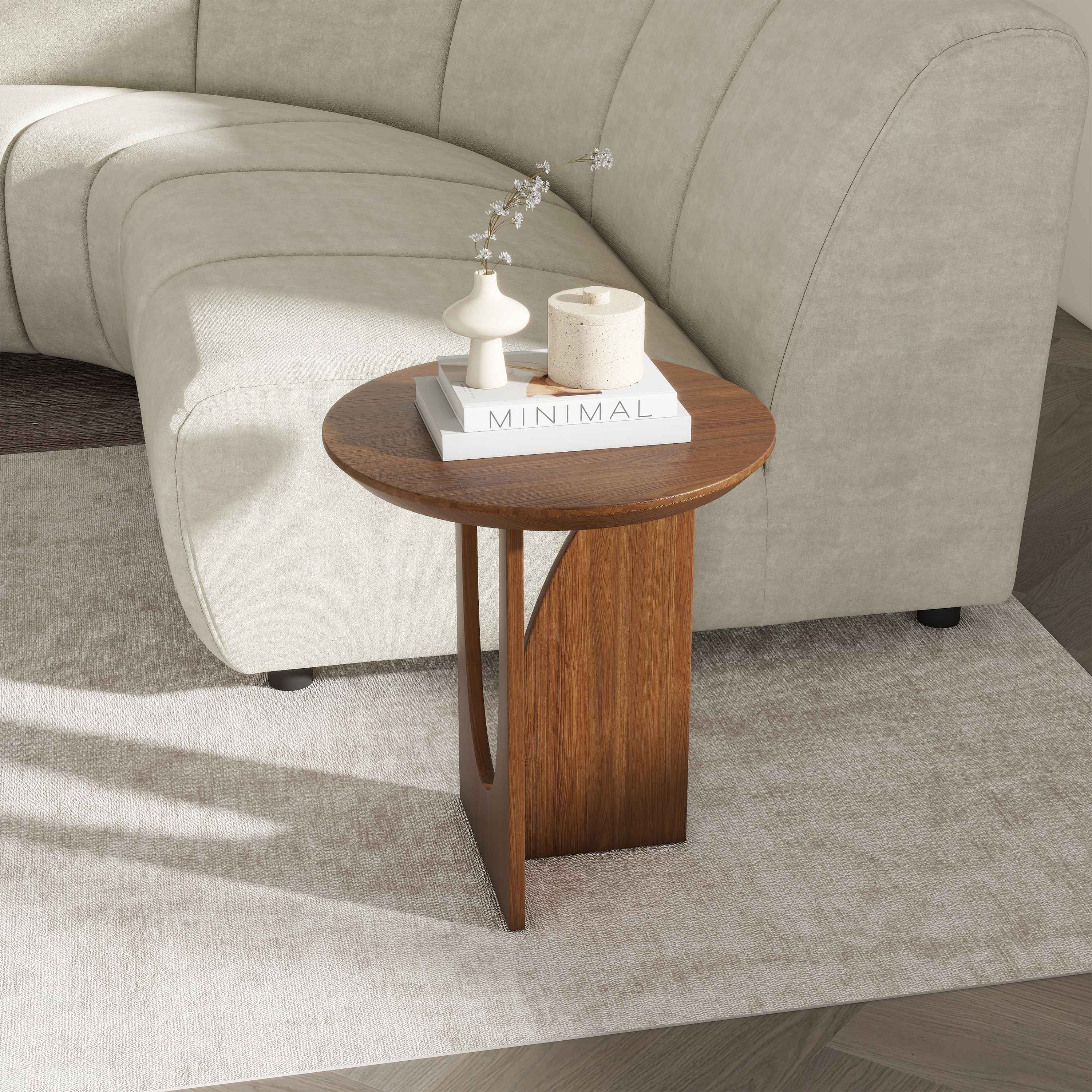 Left. POVISON - 19.69" Mid-century Modern Round Side Table, Minimalist End Table, Walnut Color - Walnut Color.