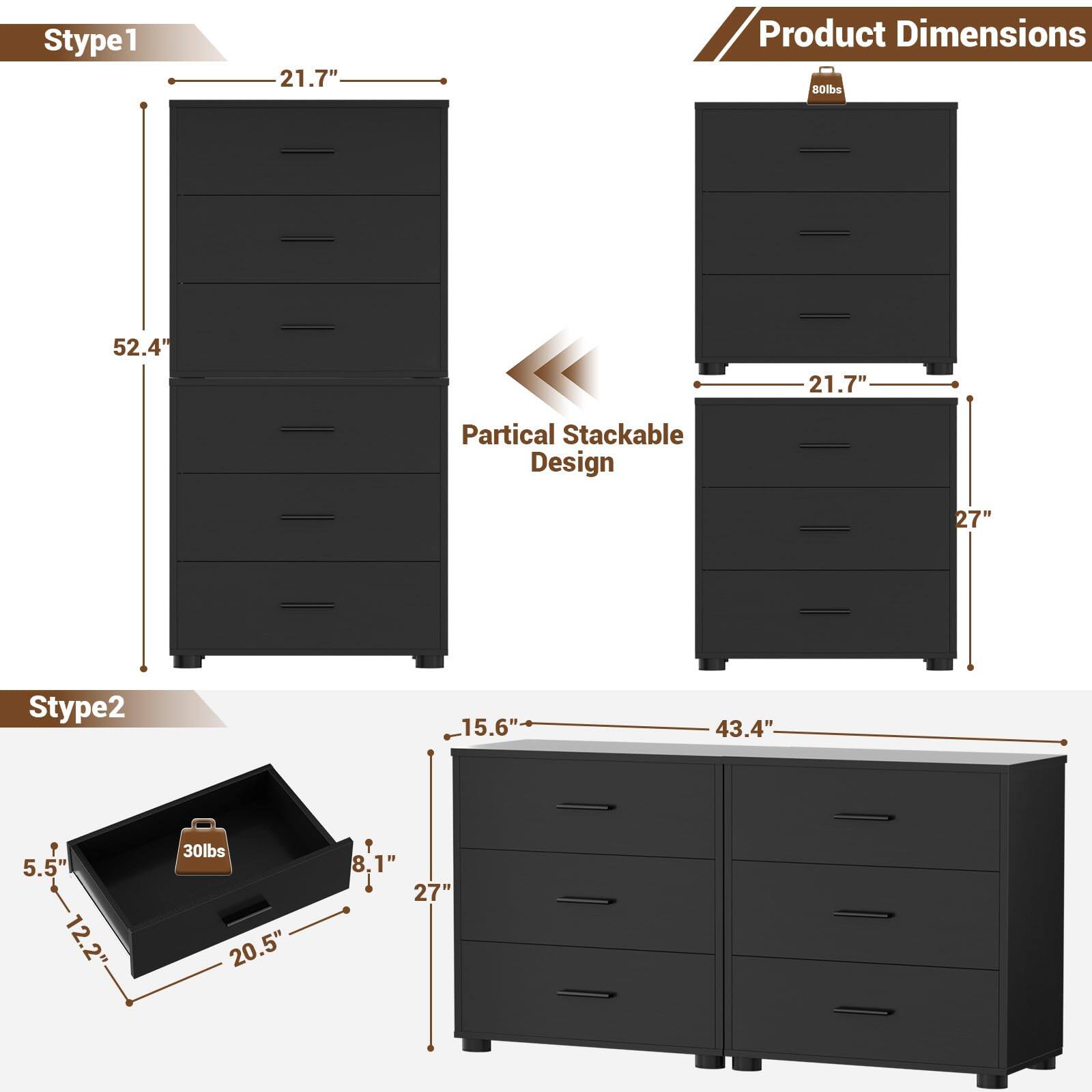 Stype1  
21.7"  
Product Dimensions  
Bolbs  
52.4"  
21.7"  
Partical Stackable Design  
27"  

Stype2  
15.6"  
43.4"  
5.5"  
12.2"  
30lbs  
20.5"  
8.1"  
8"