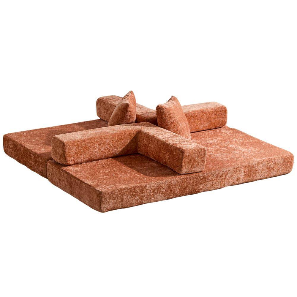 Alt View 4. Kadyn - Floor Couch Bed, Convertible Chenille Fabric Sofa with Pillow Back Support, Compression Lounge Sleeper, Orange - Orange.