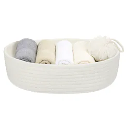 Unique Bargains - Small Cotton Rope Woven Storage Basket, Cute Mini Oval Bin 10.2x3.2" for Nursery Living Room Shelf, Empty Gift - White