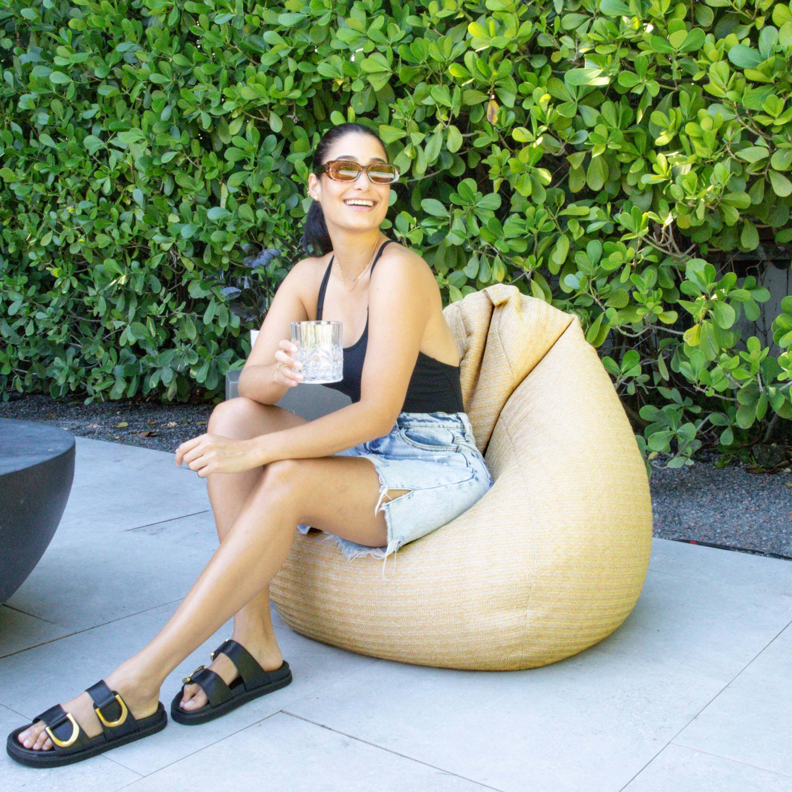 Angle. Fabibe - Big Joe Tuffet Weatherproof Bean Bag Chair, Natural Basket Weave, Breathable Weather Resistant Fabric, 2.5 feet Teardrop - Natural Tuffet.