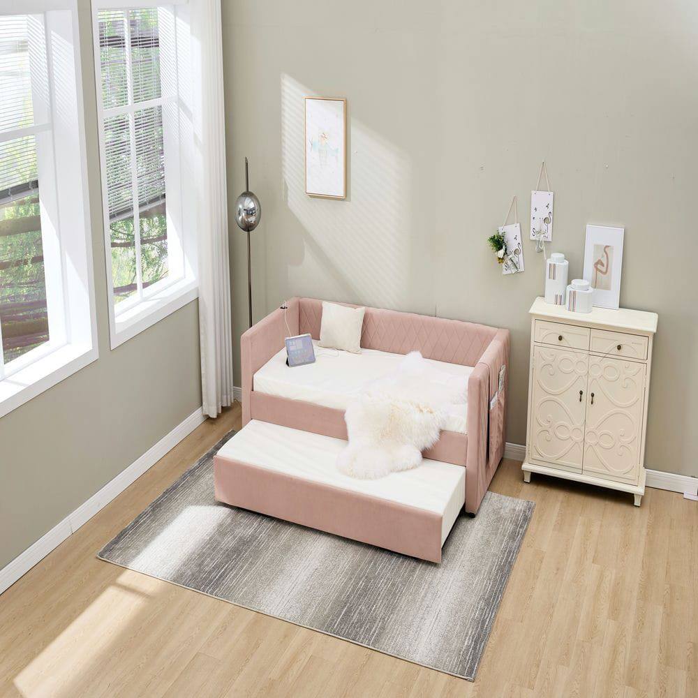 Alt View 5. Kadyn - Velvet Daybed with Sturdy Wood Frame, Modern Diamond Grid Pull-Out Design for Bedroom Living Room - Pink.