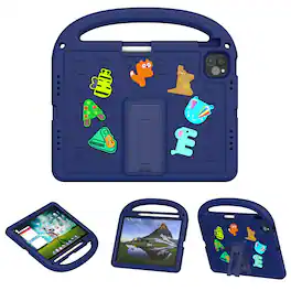 Dteck - Kids Shock-absorbent TPU Tablet Case for Apple iPad Pro (M4) 11" 2024 with Shoulder Strap and Pencil Holder Back Cover - Navyblue