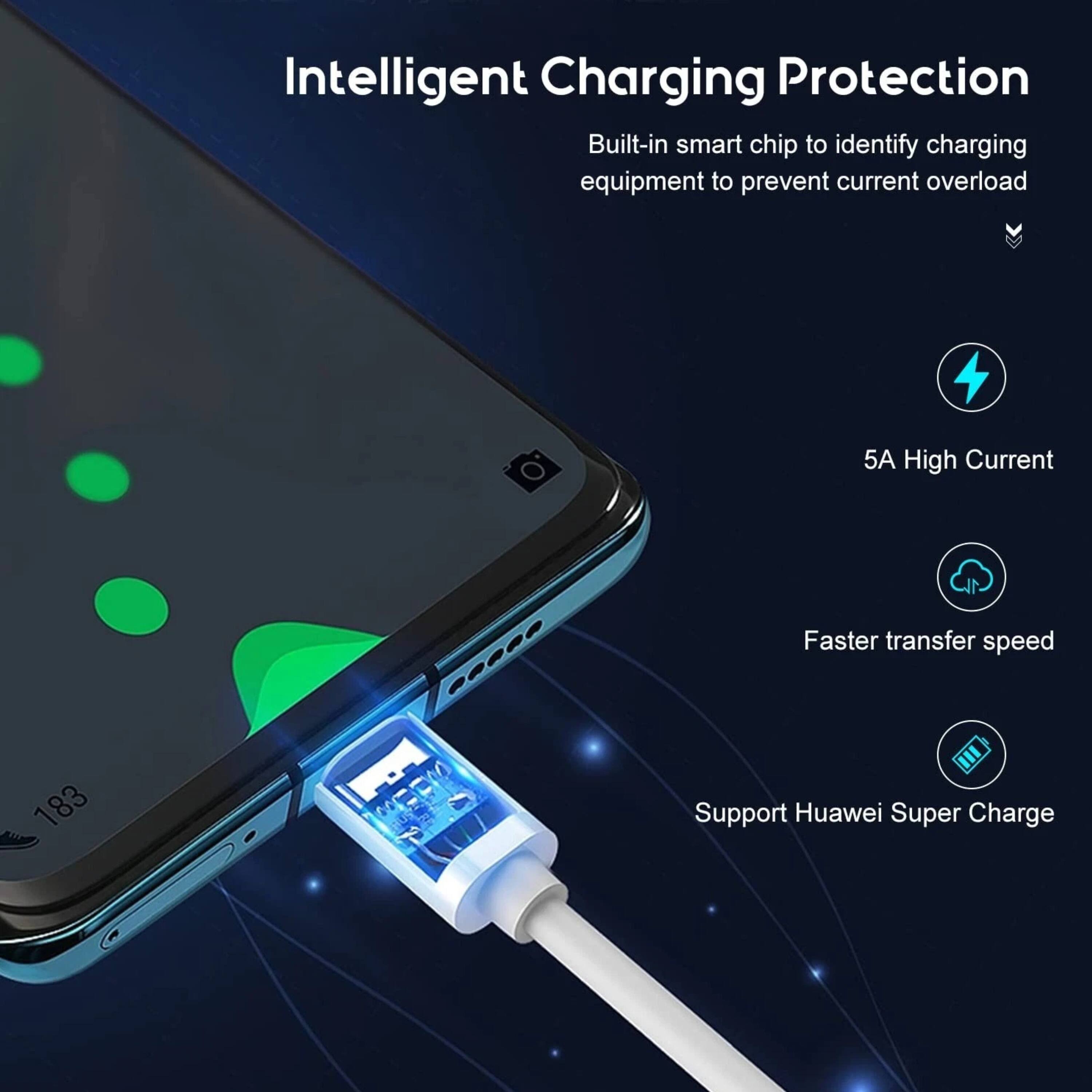 Intelligent Charging Protection  
Built-in smart chip to identify charging equipment to prevent current overload  
5A High Current  
Faster transfer speed  
Support Huawei Super Charge