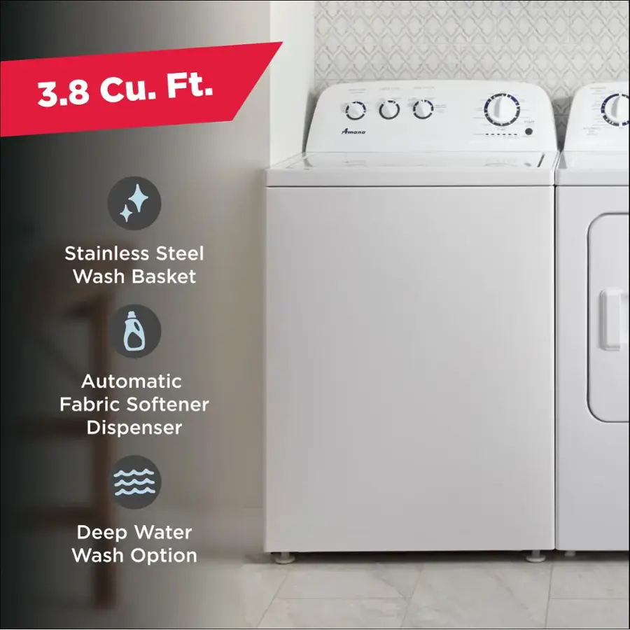 The text on the image can be grouped and corrected as follows:

"3.8 Cu. Ft. Amana Stainless Steel Wash Basket Automatic Fabric Softener Dispenser Deep Water Wash Option."