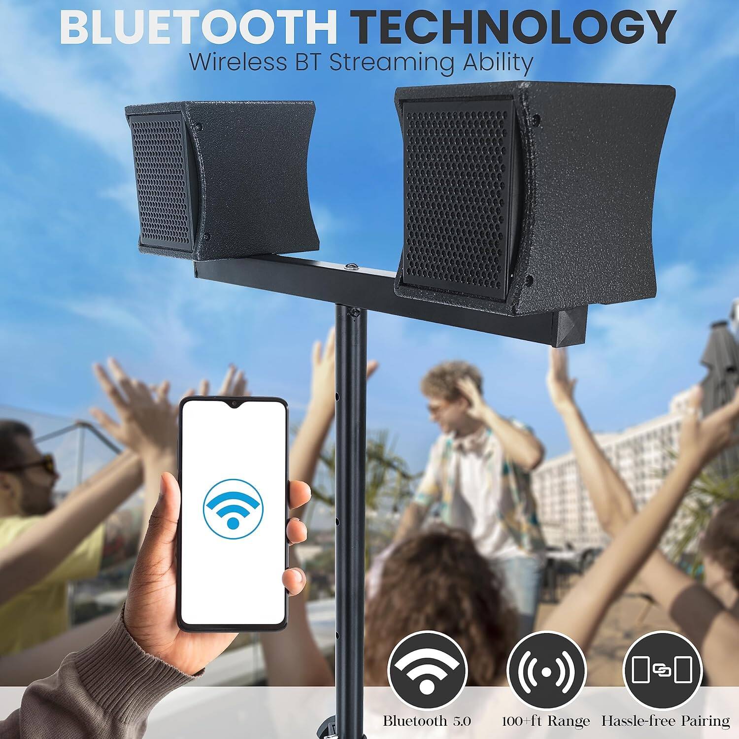 BLUETOOTH TECHNOLOGY  
Wireless BT Streaming Ability  

Bluetooth 5.0  
100+ ft Range  
Hassle-free Pairing
