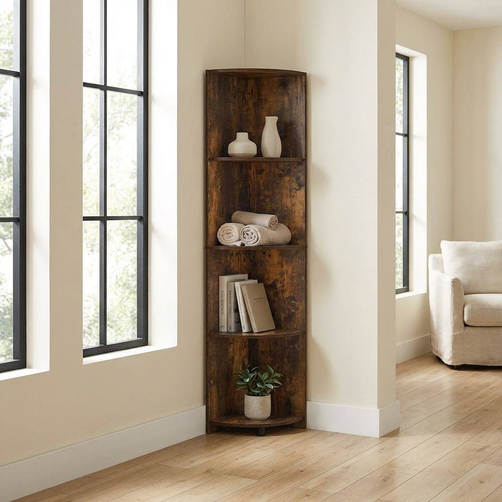 Left. FurniFact - 4-Tier Corner Shelf with Sturdy Engineered Wood Construction - Amber Pine.