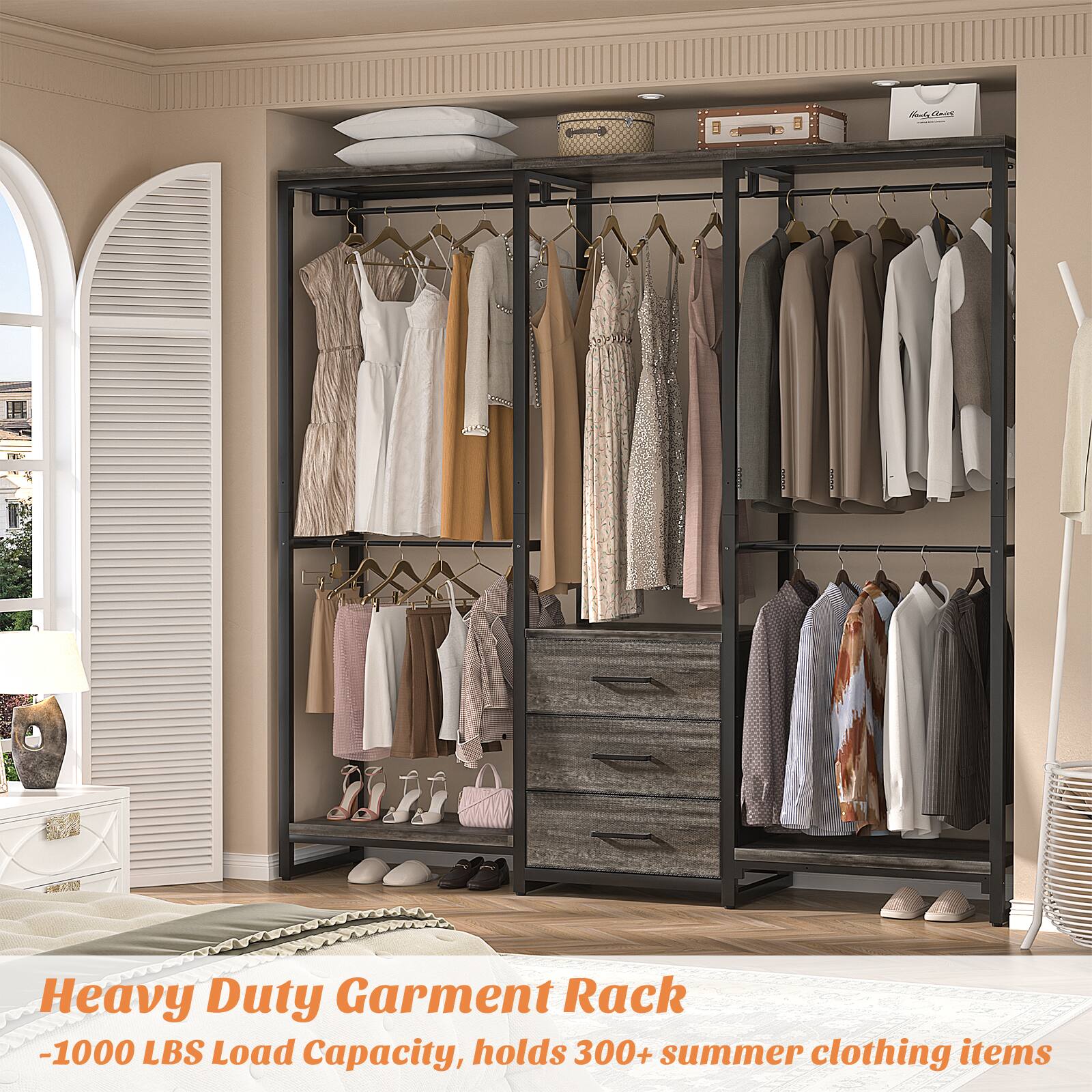 Heavy Duty Garment Rack - 1000 LBS Load Capacity, holds 300+ summer clothing items