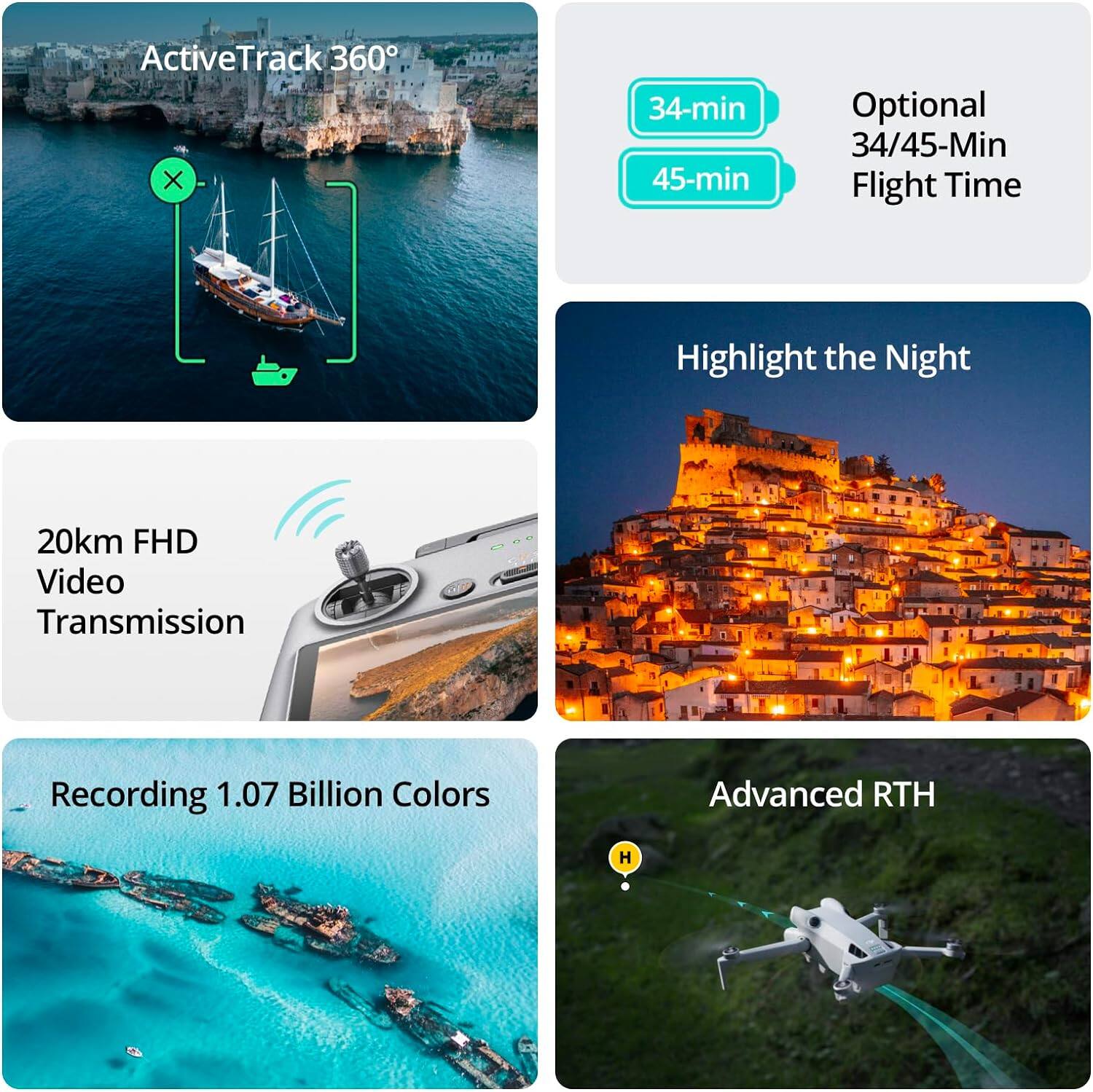 - ActiveTrack 360°
- 20km FHD Video Transmission
- Recording 1.07 Billion Colors
- 34-min / 45-min Optional Flight Time
- Highlight the Night
- Advanced RTH