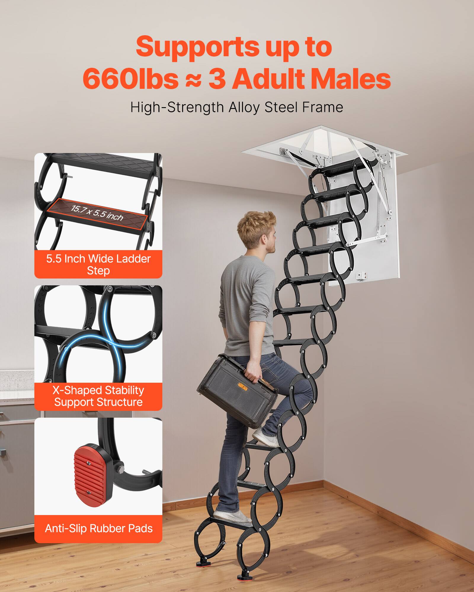 Supports up to 660lbs (~ 3 Adult Males)  
High-Strength Alloy Steel Frame  
15.7x5.5 inch  
5.5 Inch Wide Ladder Step  
X-Shaped Stability Support Structure  
Anti-Slip Rubber Pads
