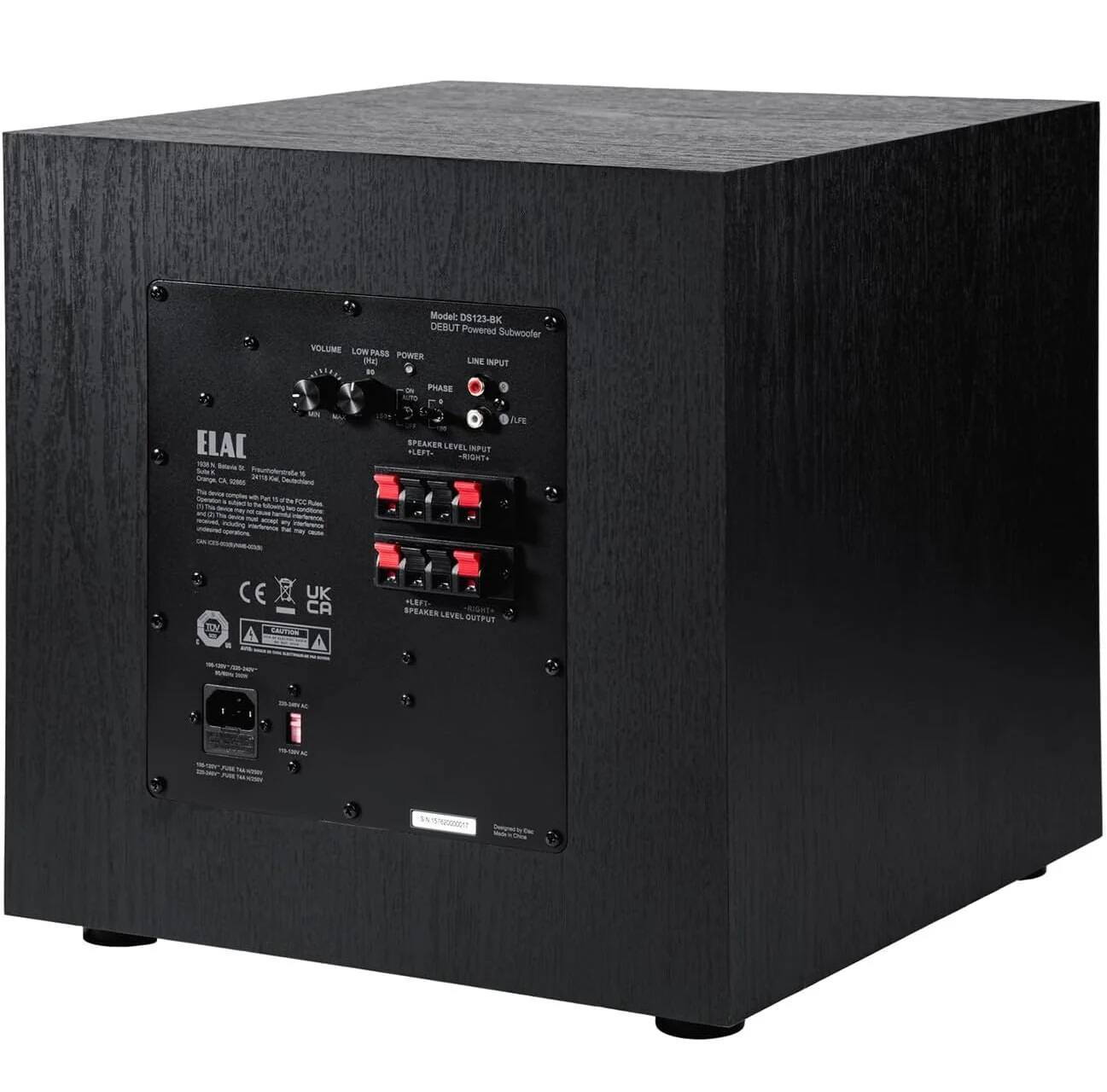 Model D5123-BK DEBUT Powered Subwoofer  
VOLUME LOW PASS POWER  
LINE INPUT . PHASE . ELAC .  
SPEAKER LEVEL INPUT  
SPEAKER LEVEL OUTPUT  
CE UK CA