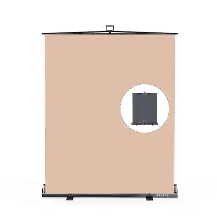 Front. RAUBAY - 5′x 6.9′ Collapsible Beige Screen Backdrop Portable Retractable Panel Photo Background with Stand.