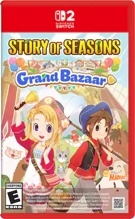 The text on the image reads: "2 NINTENDO SWITCH. STORY OF SEASONS Grand Bazaar MARVEOIST EVERYONE Includes the Nintendo Switch game and the Nintendo Switch 2 Edition upgrade. Nintendo El paquete Upgr ade Switch de puck y el alo paquete tambin available de est mejora sepurately. dispon a la ble For version detoils, separaco. Nintendo visit Para I Incluye Switch obtener 2 el Edition. juego ms de mejora por ESRB informacin, visita support.nintendo.com/switch2/upgradepack." - E (Everyone)