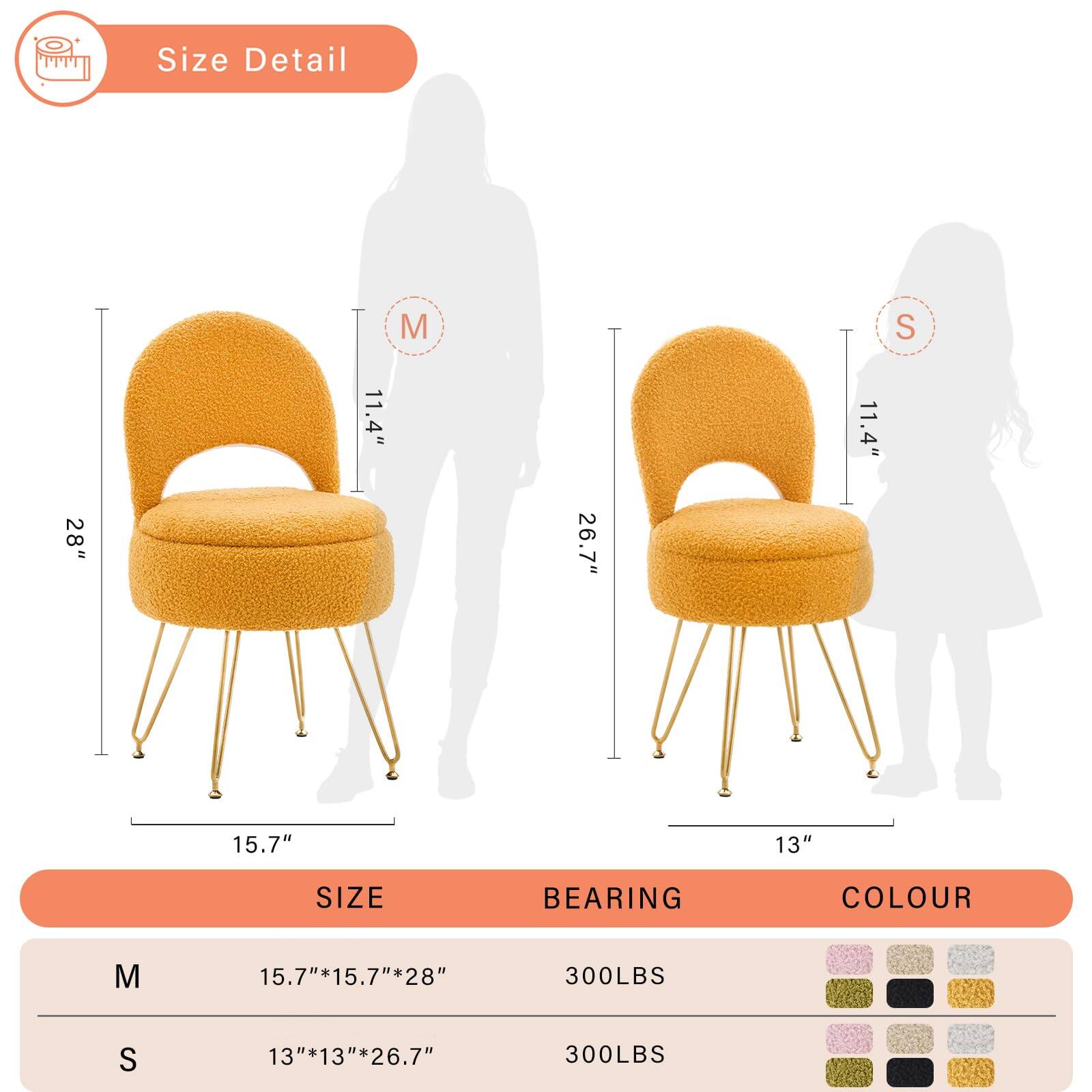 **Size Detail**

- **M**
  - Height: 28"
  - Width: 15.7"
  - Depth: 15.7"
  - Seat Height: 11.4"
  - Seat Diameter: 15.7"

- **S**
  - Height: 26.7"
  - Width: 13"
  - Depth: 13"
  - Seat Height: 11.4"
  - Seat Diameter: 13"

**Size**
- M: 15.7" x 15.7" x 28"
- S: 13" x 13" x 26.7"

**Bearing**
- 300LBS

**Colour** (Options shown in image)