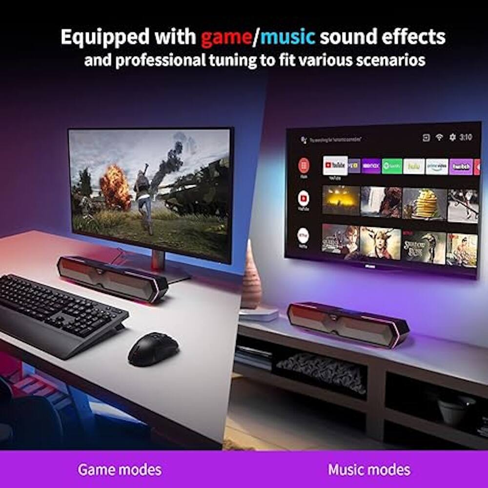 Equipped with game/music sound effects and professional tuning to fit various scenarios, the computer setup includes a monitor, keyboard, mouse, and speakers. The monitor is turned on, displaying a video game, while the keyboard and mouse are placed on the desk. The speakers are placed on the desk as well, providing an immersive audio experience for both gaming and music. The setup is designed to enhance the user's experience by offering a combination of game modes and music modes.