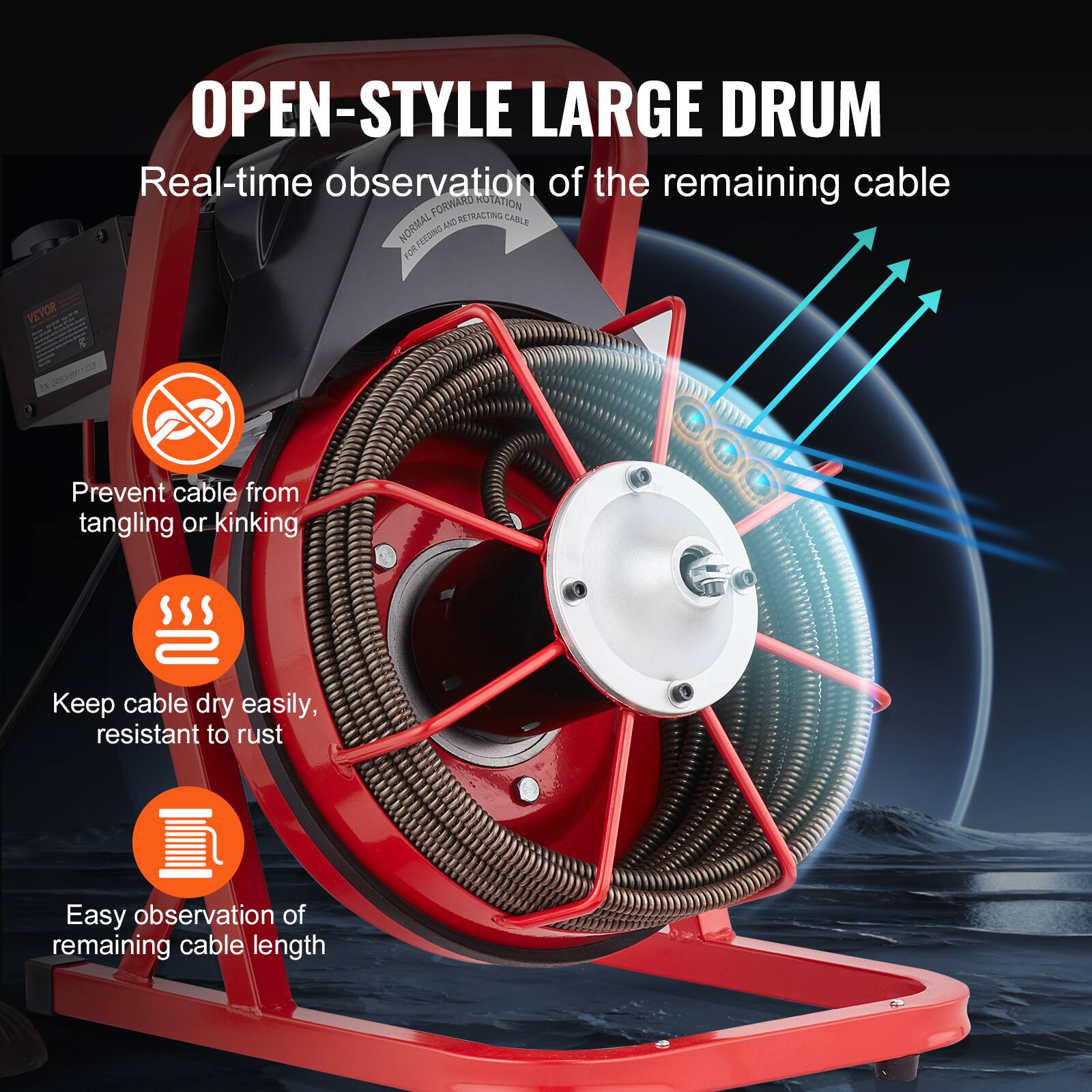 OPEN-STYLE LARGE DRUM
Real-time observation of the remaining cable
Prevent cable from tangling or kinking
Keep cable dry easily, resistant to rust
Easy observation of remaining cable length