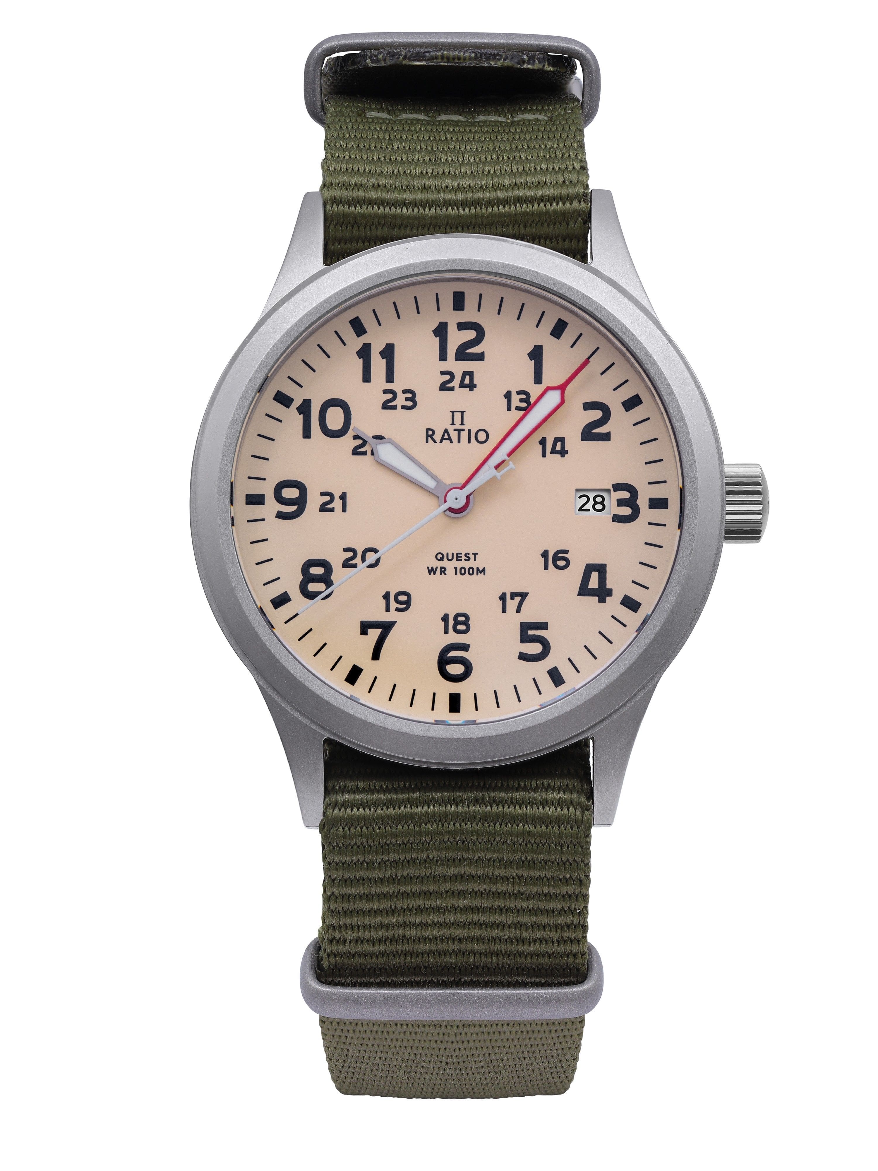 RATIO - Quest Mens Field Watch Sapphire Nylon Strap Quartz RTQ011 100M Lewis And Clark Edition - Green and silver