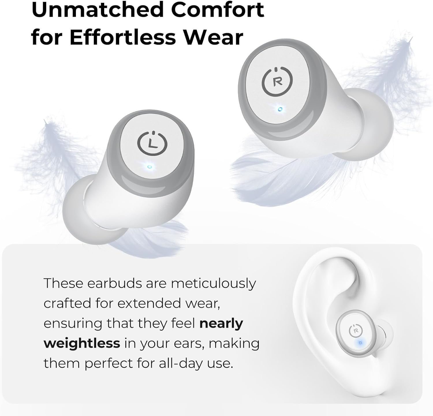 Unmatched Comfort for Effortless Wear

These earbuds are meticulously crafted for extended wear, ensuring that they feel nearly weightless in your ears, making them perfect for all-day use.