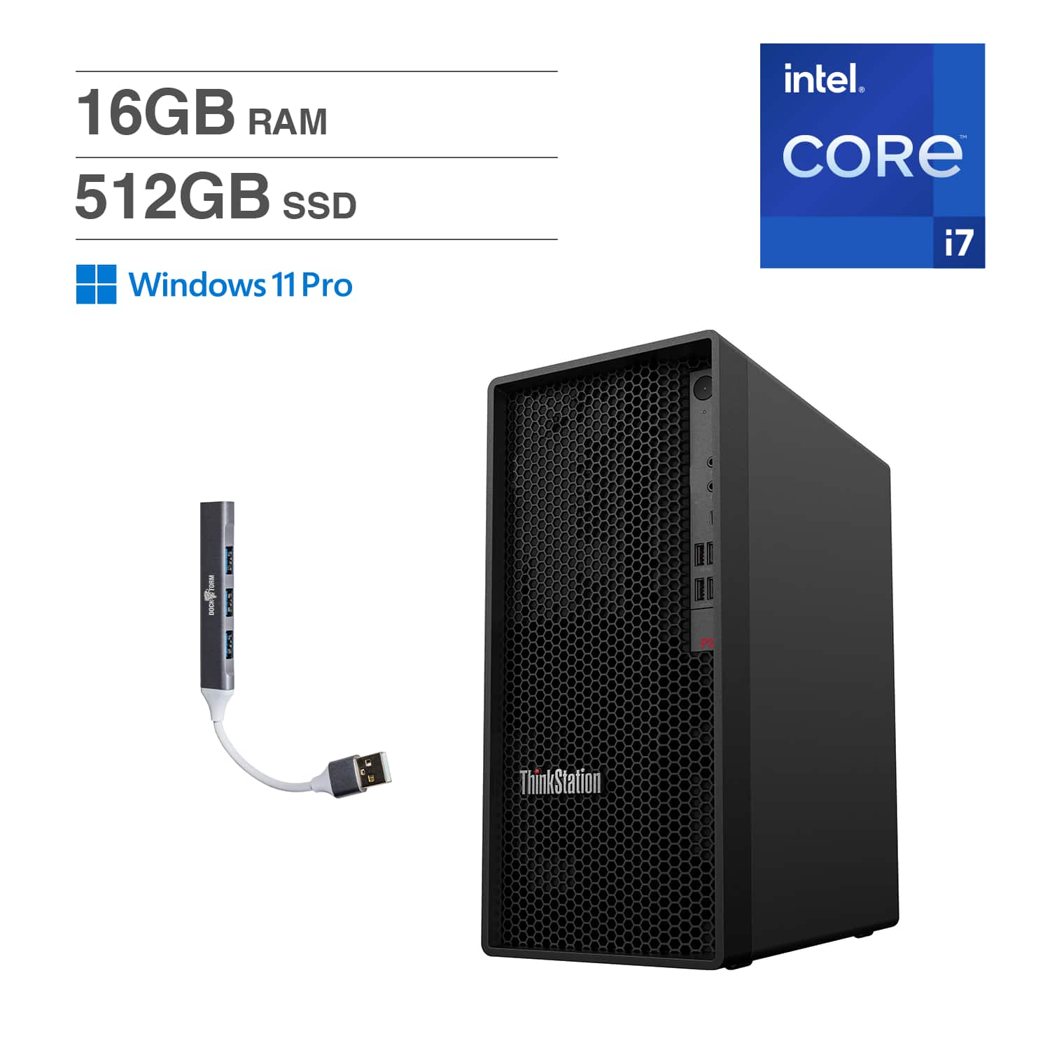 Lenovo - P360 Desktop (Intel i7-12700, 16GB DDR5, 512GB PCIe SSD, Intel UHD 770, Win 11 Pro) w/USB Hub - Black