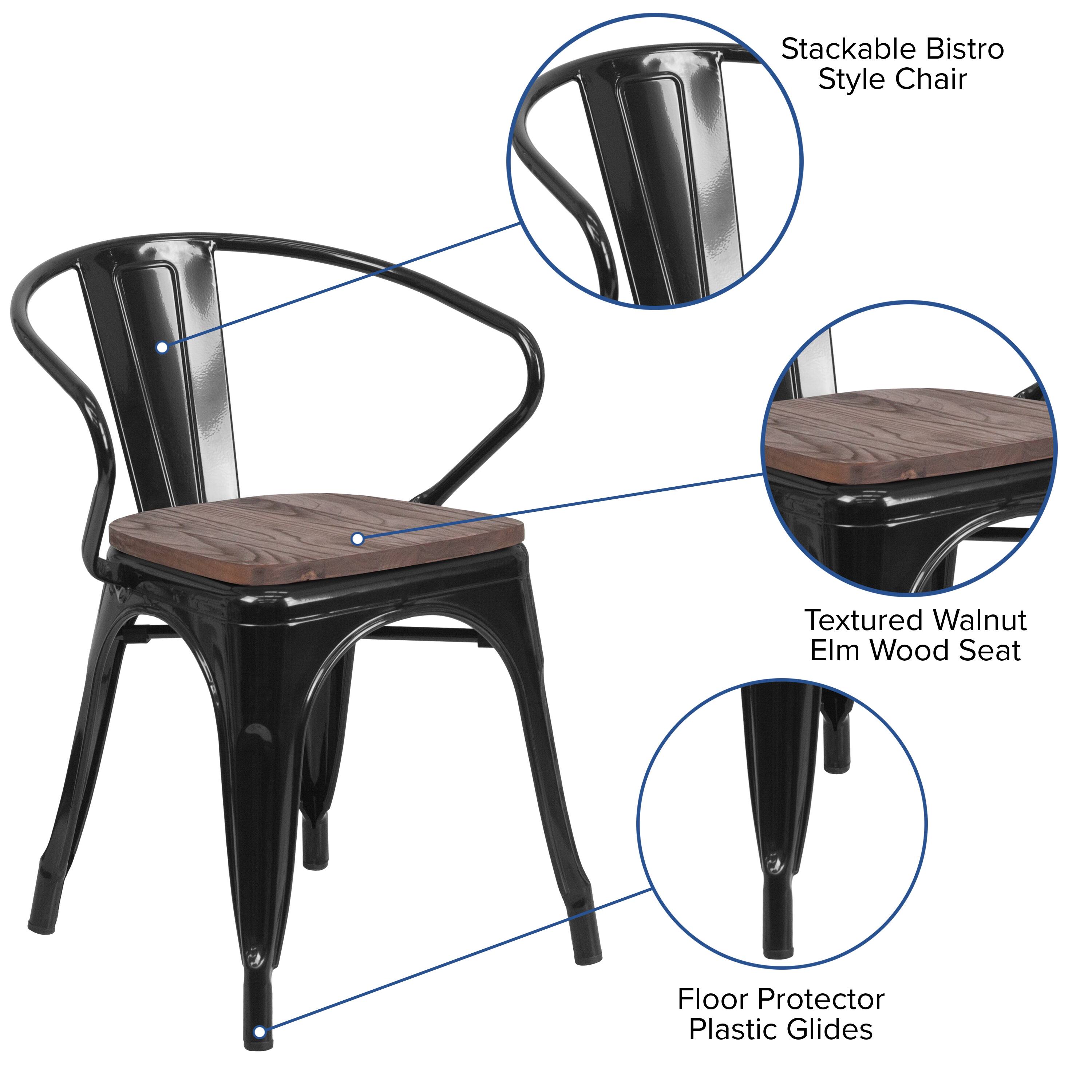 Stackable Bistro Style Chair  
Textured Walnut Elm Wood Seat  
Floor Protector Plastic Glides