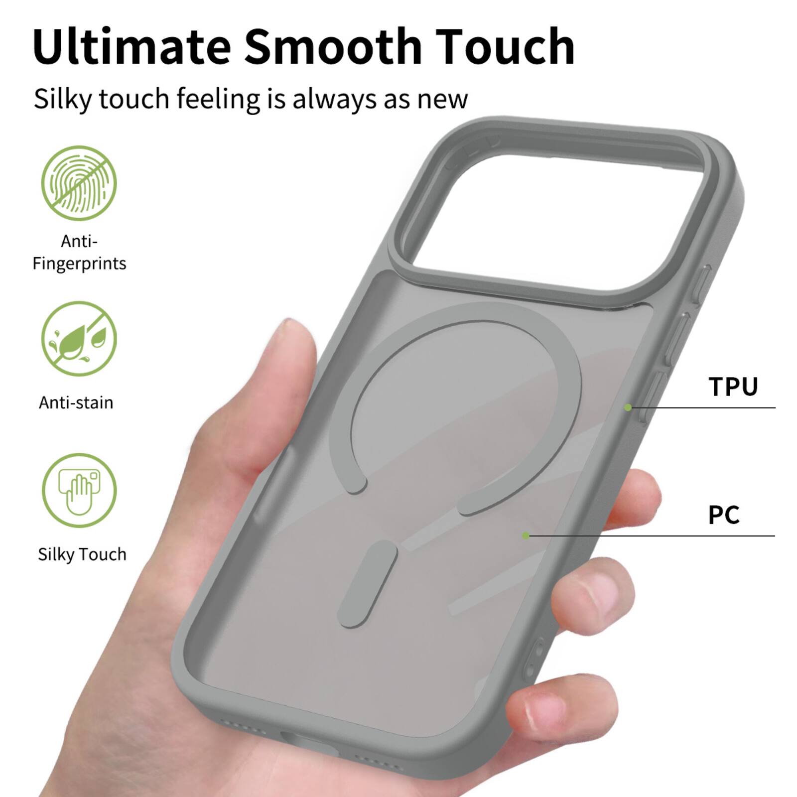 Ultimate Smooth Touch  
Silky touch feeling is always as new  
Anti-Fingerprints  
Anti-stain  
Silky Touch  
TPU PC