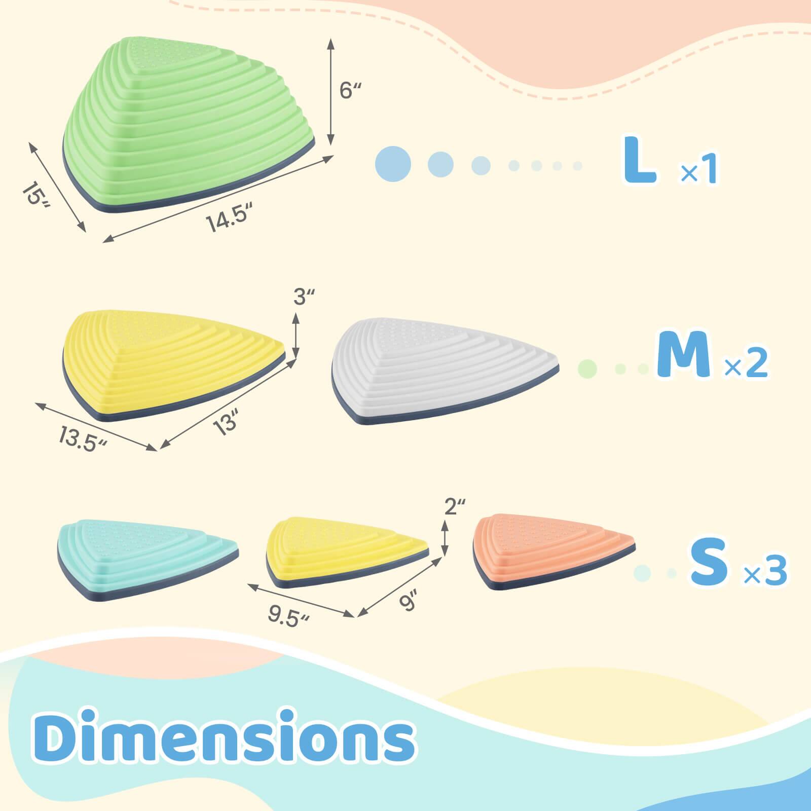 15" L x 1  
14.5" L x 1  
6" L x 1  
13.5" M x 2  
13" M x 2  
3" M x 2  
9.5" S x 3  
9" S x 3  
2" S x 3  

Dimensions