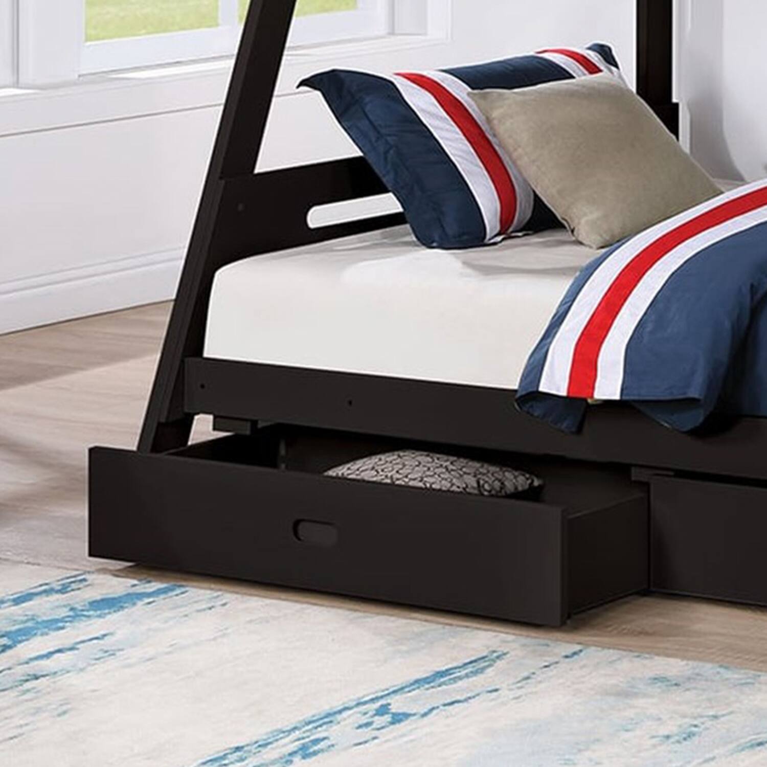 Back. Vaczon - Twin Over Full Bunk Bed with Storage Drawers, Solid Wood Kids Bed Frame with Ladder and Safety Rails - Black.