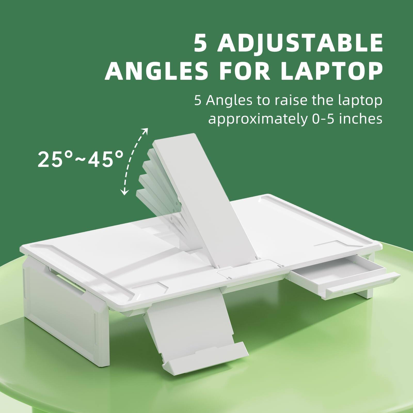 5 Adjustable Angles for Laptop  
5 Angles to raise the laptop approximately 0-5 inches  
25°~45°