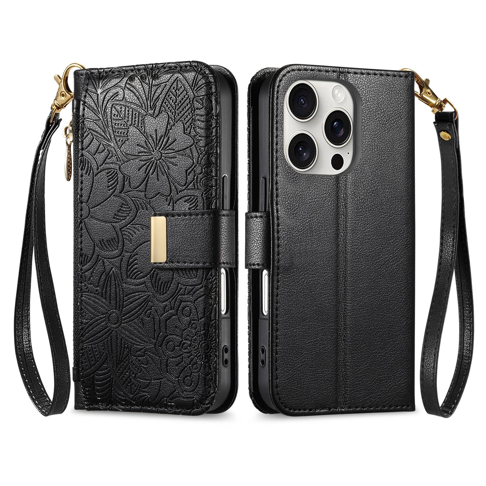 Angle. UUCOVER - Floral PU Leather Wallet Case for iPhone 16 Pro with Zipper Pocket, Card Slots,Shoulder & Wrist Strap, Stand Phone Cover - Black.