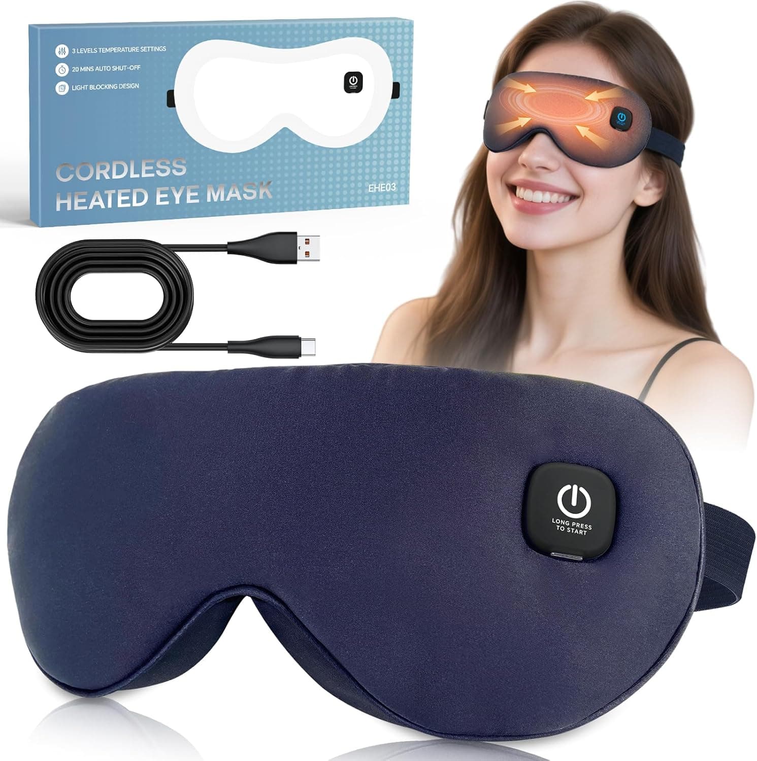 Core Tech - Cordless Heated Eye Mask for Dry Eyes Relief with 3 Heat Settings, Washable Cover & Auto Shut-Off - Navy Blue