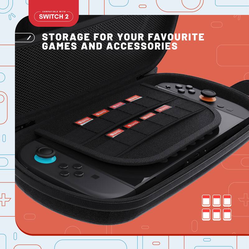 COMPATIBLE WITH SWITCH 2  
STORAGE FOR YOUR FAVOURITE GAMES AND ACCESSORIES