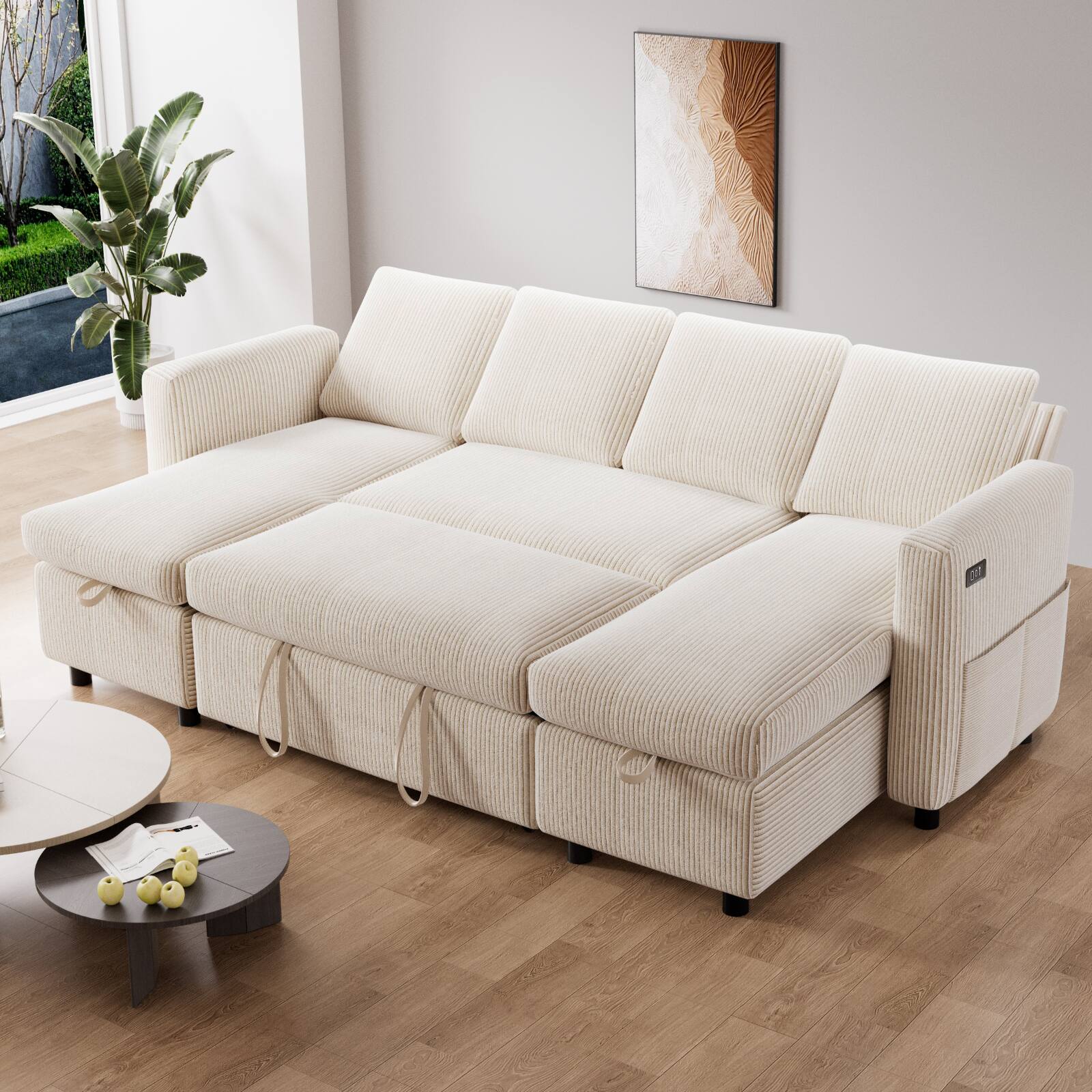 Angle. Dyonery - 81" U Shaped Pull Out Couches for Living Room with Storage Chaise, USB Port&Cupholder - Beige.