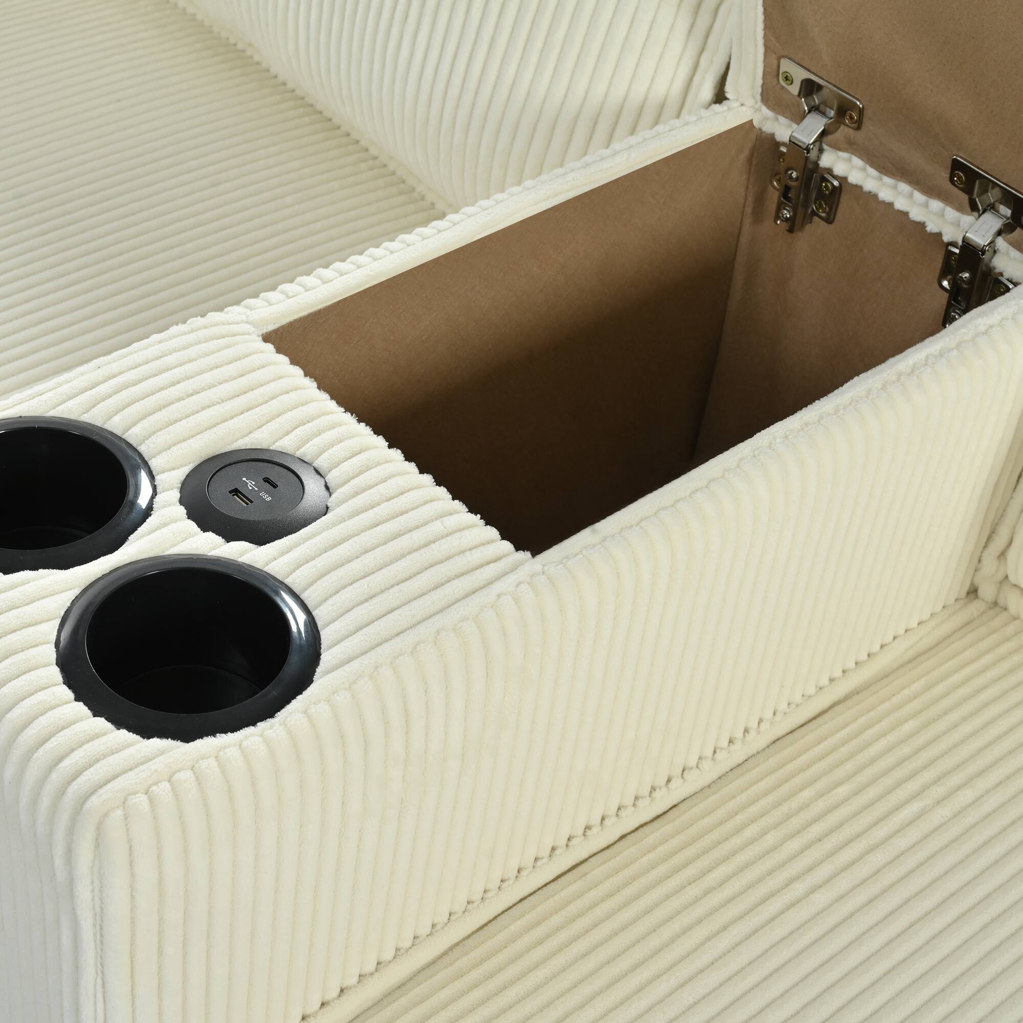 Alt View 5. Anysun - L-Shape 4-Seat Corduroy Sofa with Storage Armrests, Center Console & USB Charging. - Beige.