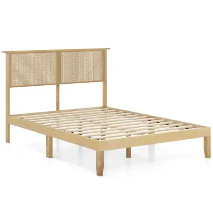 Front. Kadyn - Platform Bed Frame, Bedroom Bed Frame,Twin/Full/Queen Size Bed Frame with Rattan Headboard-Full Size - Beige.