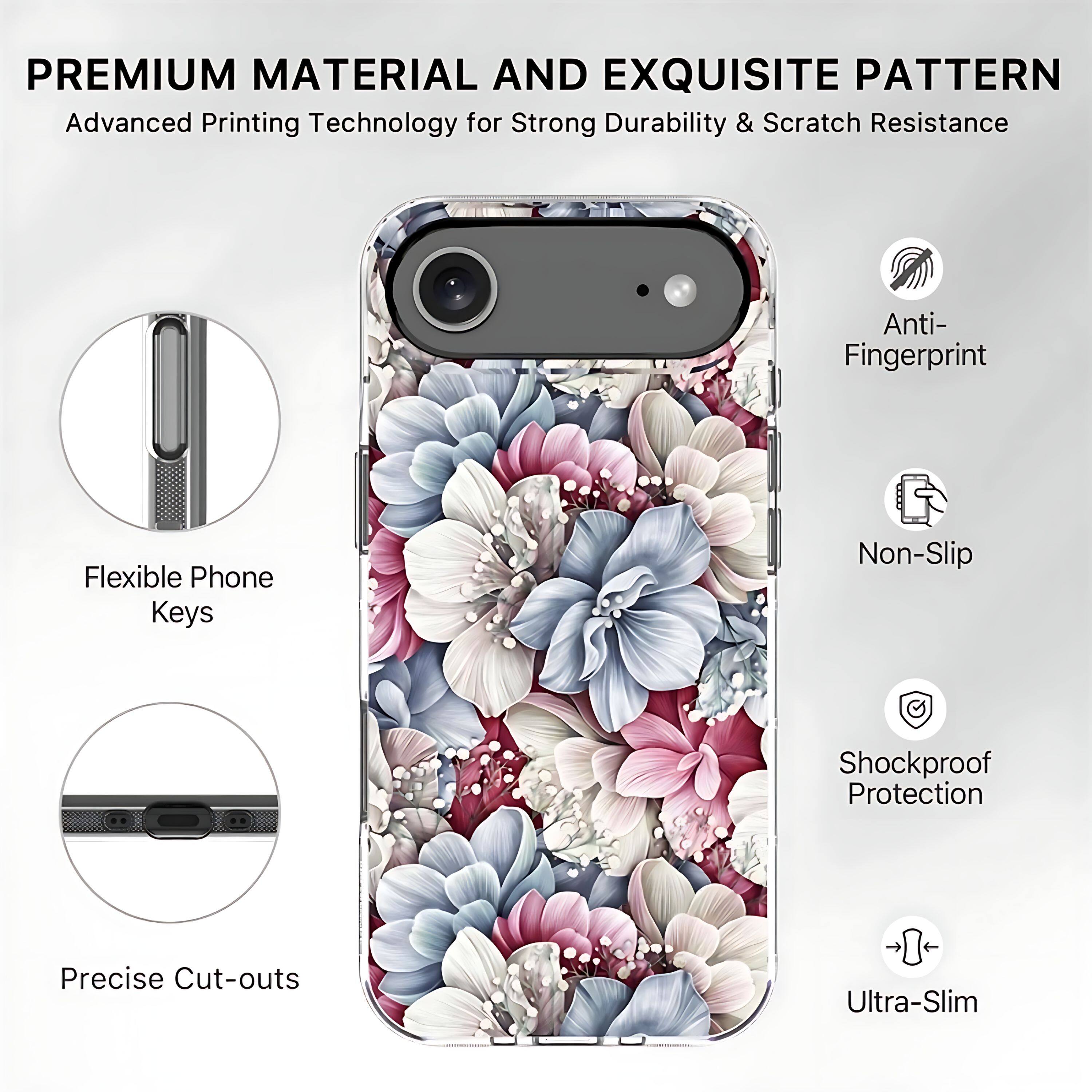 PREMIUM MATERIAL AND EXQUISITE PATTERN  
Advanced Printing Technology for Strong Durability & Scratch Resistance  

- Flexible Phone Keys  
- Precise Cut-outs  
- Anti-Fingerprint  
- Non-Slip  
- Shockproof Protection  
- Ultra-Slim