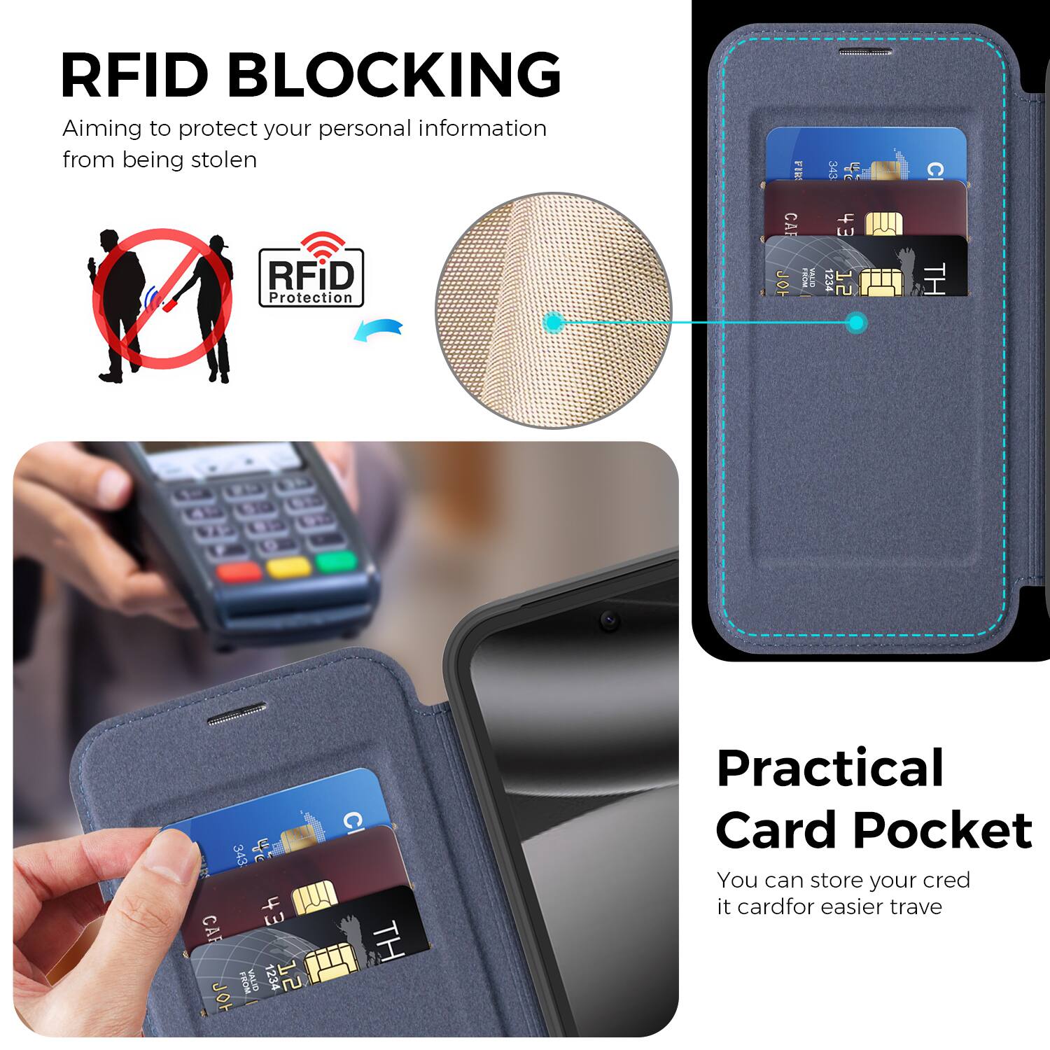 RFID BLOCKING  
Aiming to protect your personal information from being stolen  

RFiD Protection  

Practical Card Pocket  
You can store your credit card for easier travel