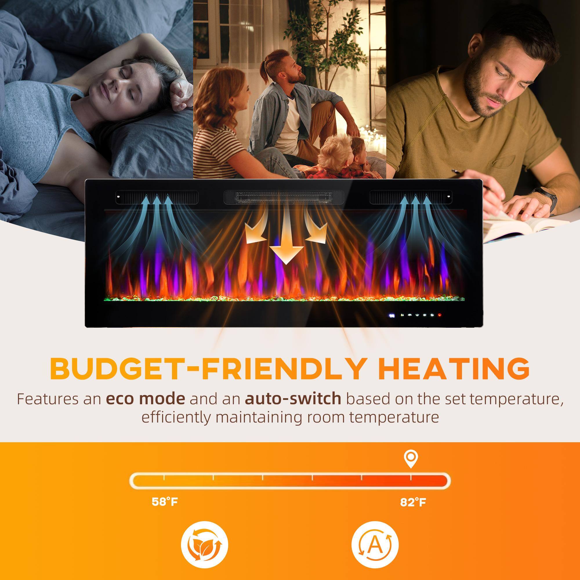 BUDGET-FRIENDLY HEATING

Features an eco mode and an auto-switch based on the set temperature, efficiently maintaining room temperature

58°F 82°F